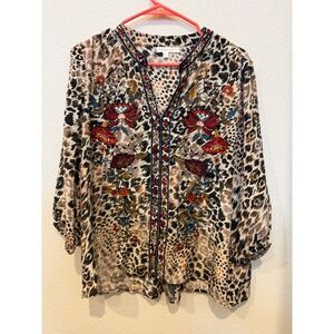 Karyn Seo Leopard Print Floral Embroidered V-Neck Blouse Top Brown Tan Womens L